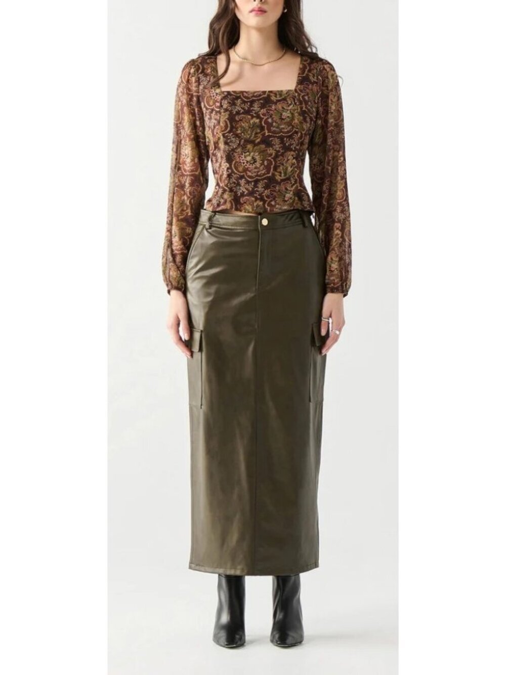 NWT Dex Faux Leather Cargo Maxi Skirt In Dark Khaki Green Small